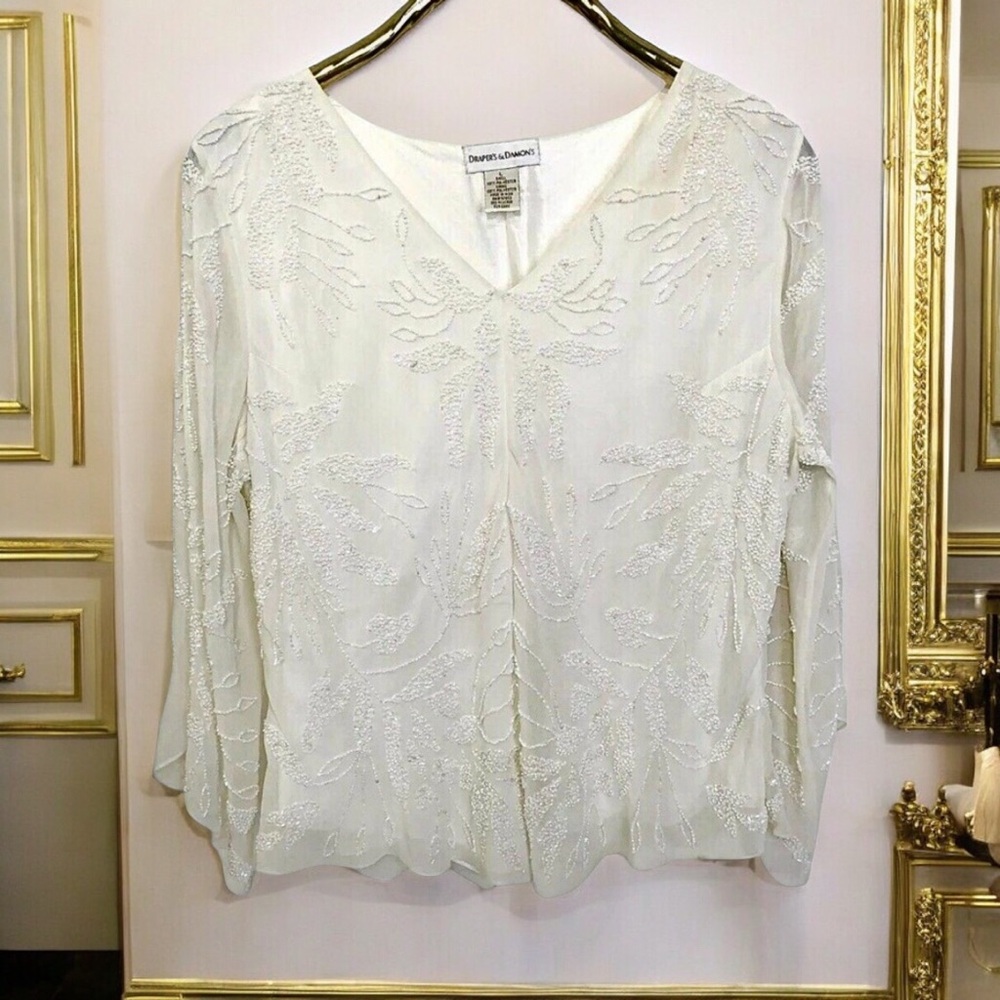 Drapers & Damons White Floral Beaded Blouse Iridescent Asymmetrical Sleeve Large